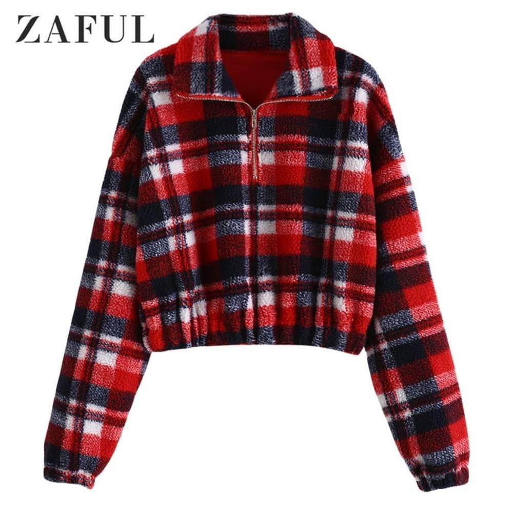 Zaful Red and Black Checkered Teddy Jacket